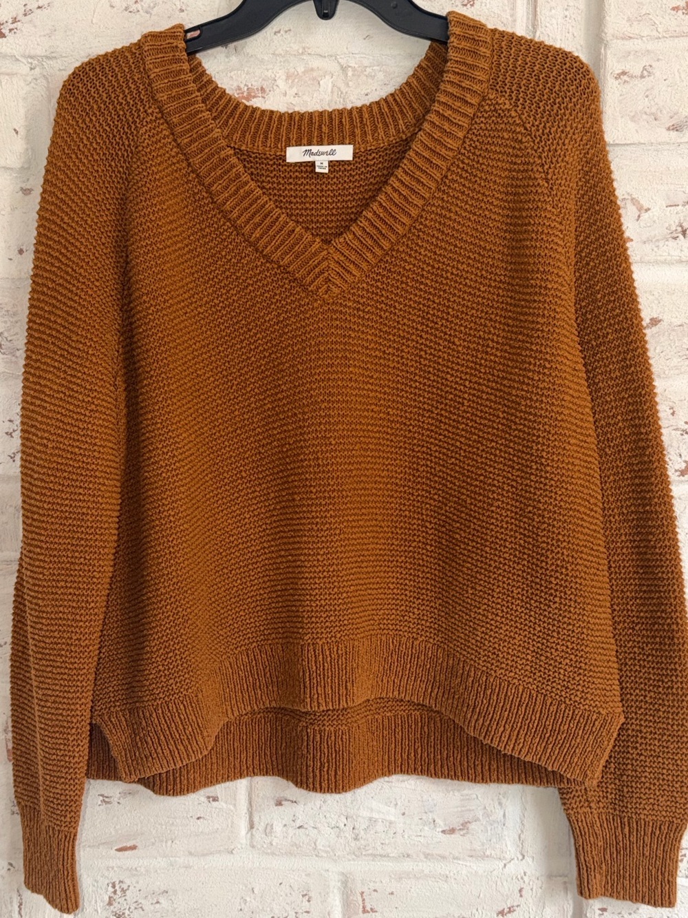 🍂 Madewell Textured Cotton Sweater | Size Medium | Golden Pecan V-Neck Pullover - Picture 2 of 12